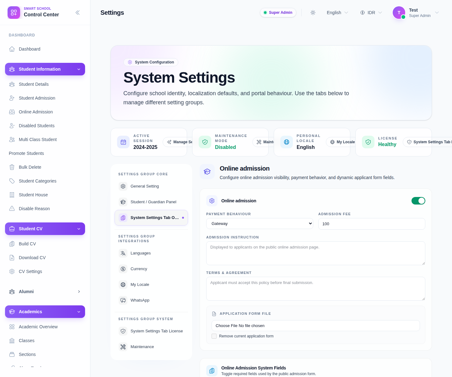 Online Admission settings panel with enable toggle, payment behavior, fee, instructions, and application form controls.