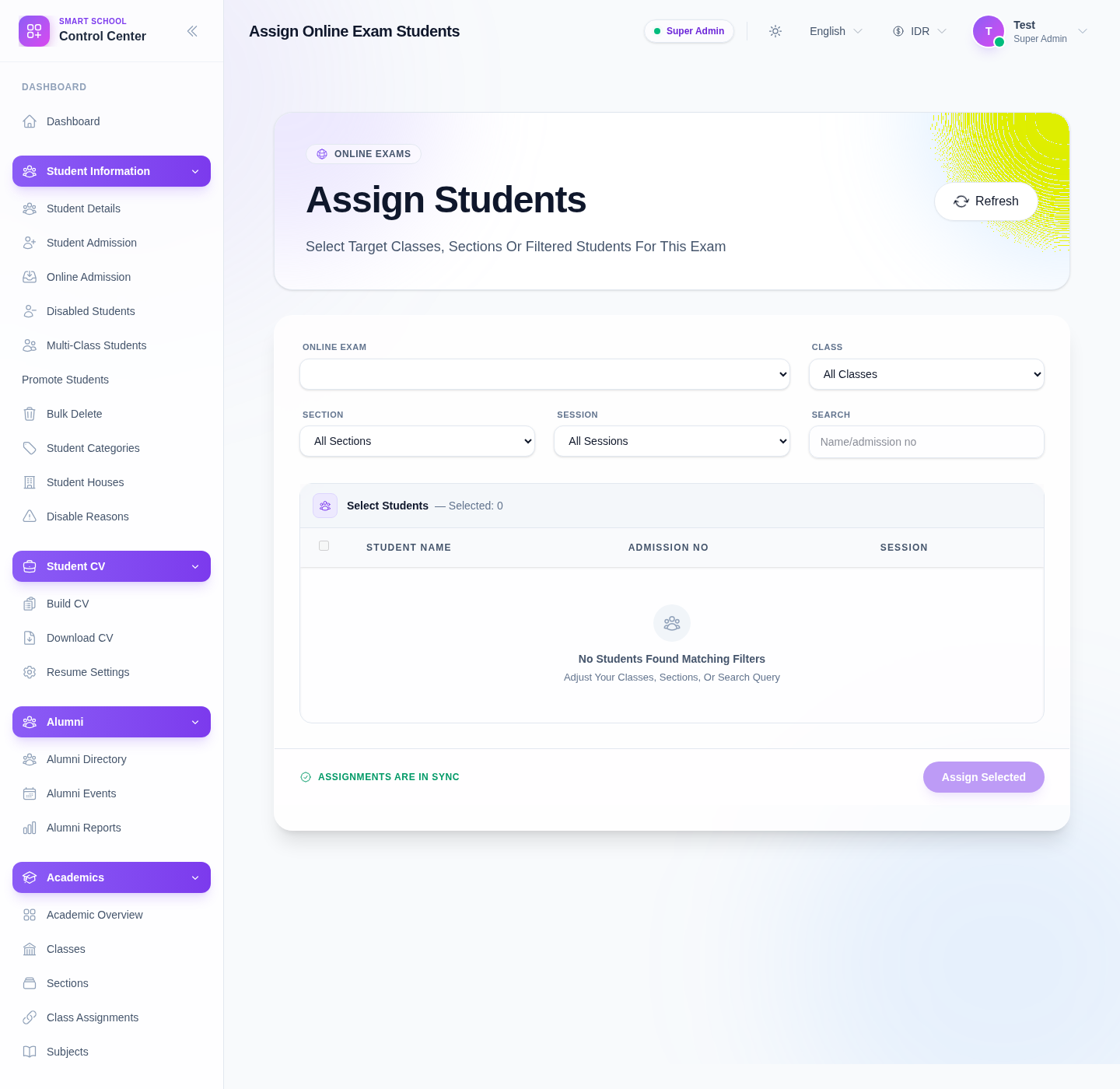 Assign Online Exam Students page showing exam filters, student table, and the assign button.