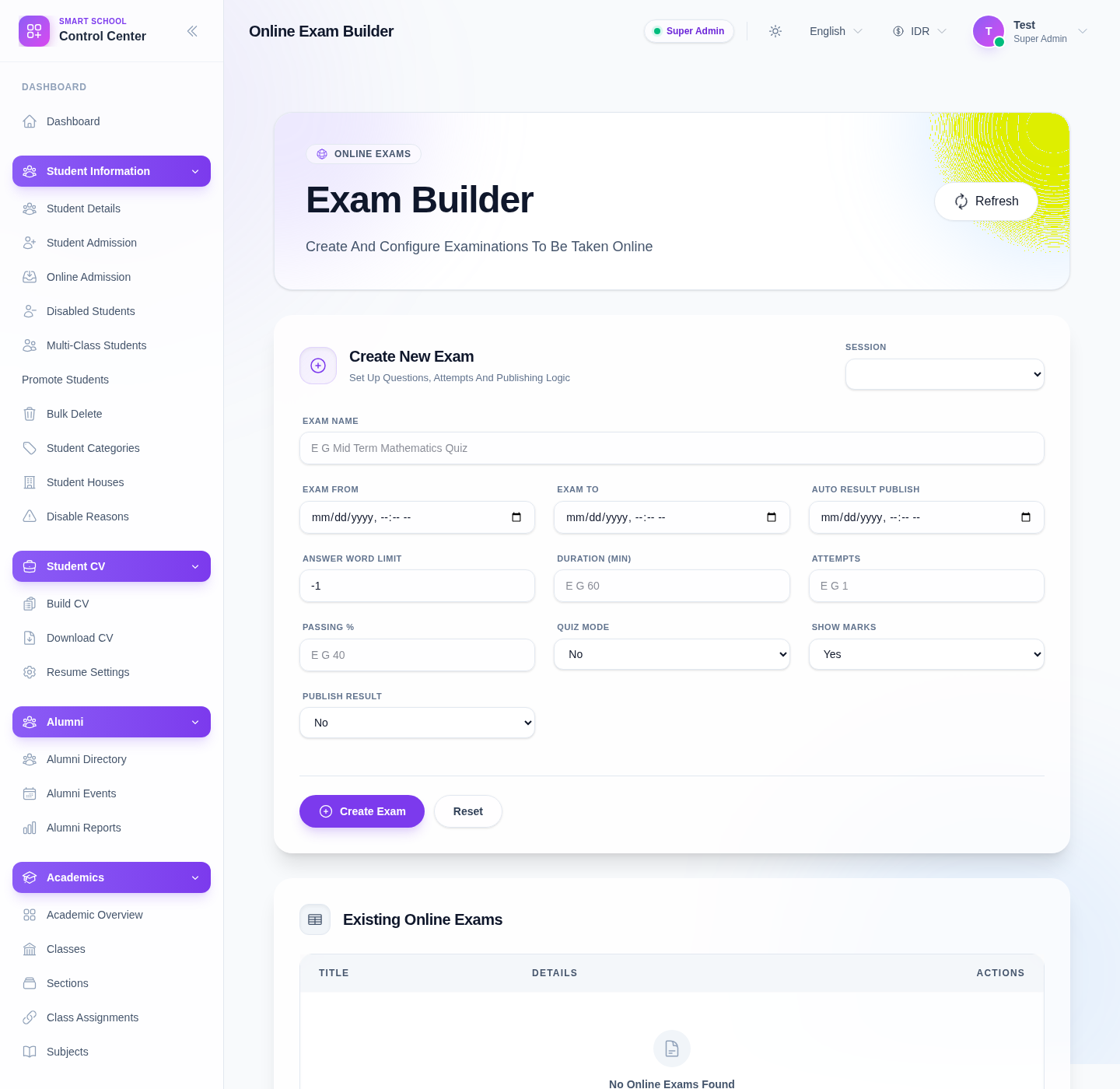 Online Exam Builder showing the create form and the existing online exams panel.