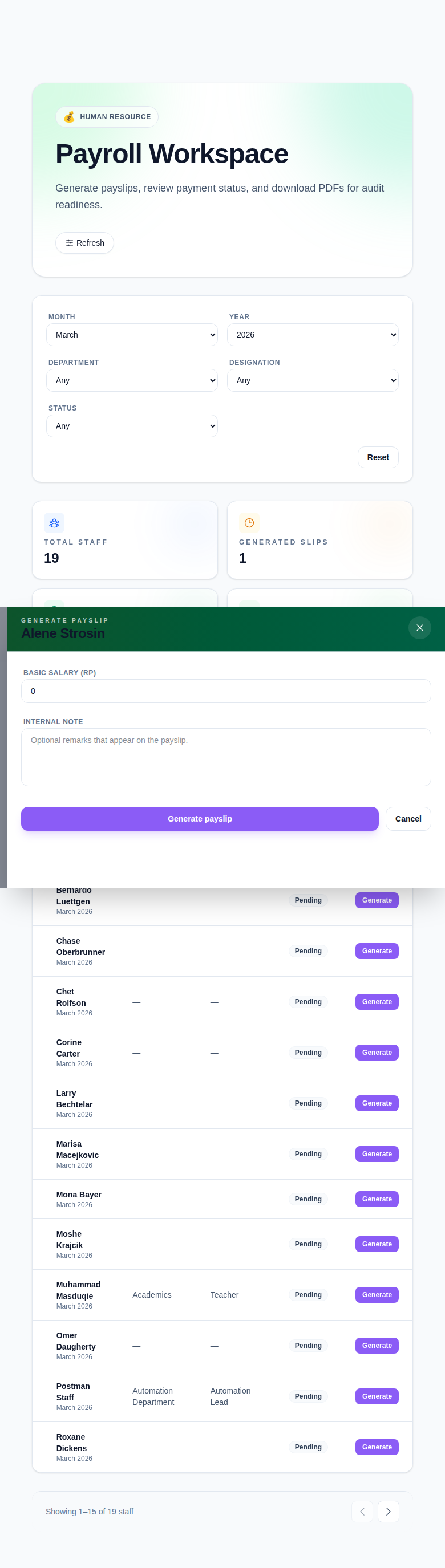 Generate payslip drawer with basic salary and internal note fields.