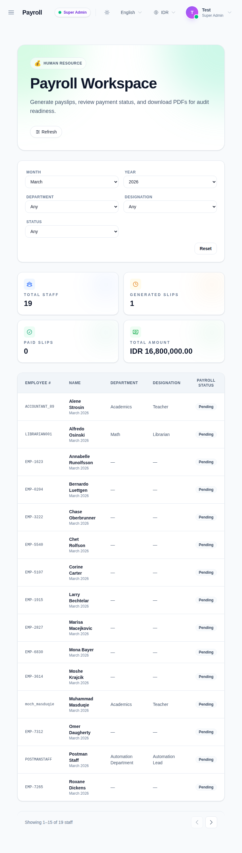 Payroll workspace showing filters, payroll summary cards, and the employee payroll table.