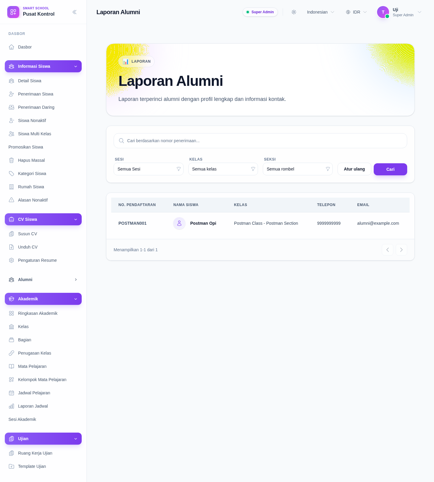 Alumni Reports workspace showing the search input, session, class, and section filters, and the alumni results table.