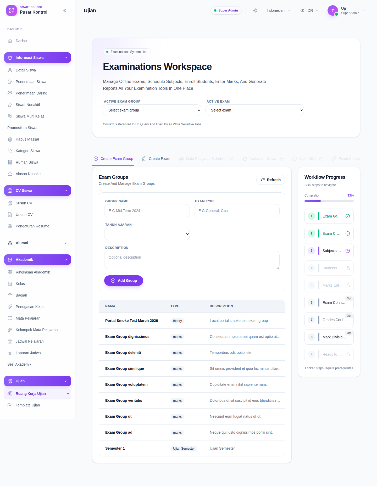 Examinations workspace showing the shared exam-group and exam context selectors plus the workflow tabs, including Rank Report and Print & Email.