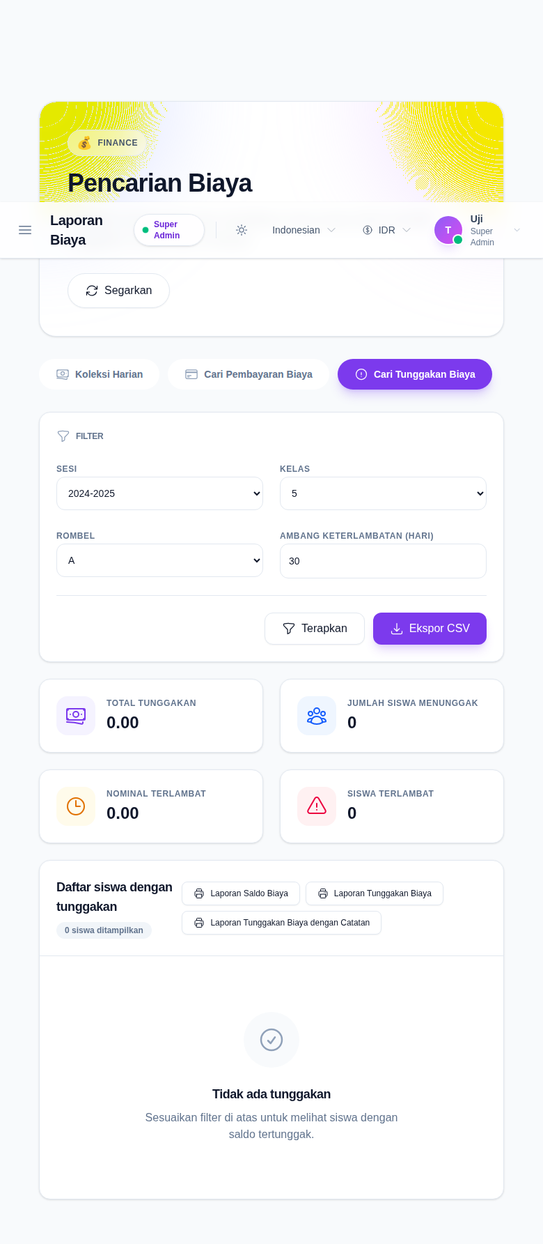 Tuition Fees Reports on the Search Due Fees branch with session, class, section, and overdue-days filters, summary cards, CSV export, print actions, and the due-fees result area.