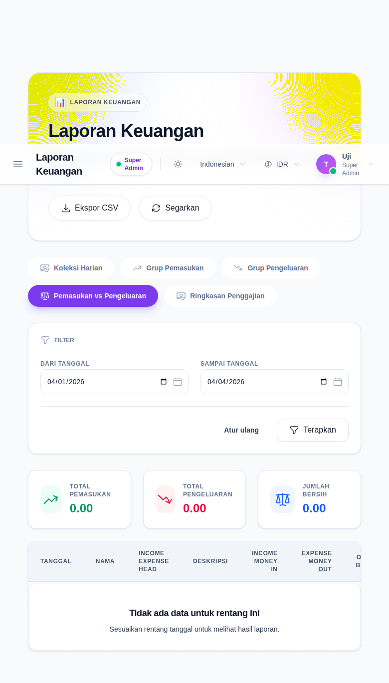 Finance Reports on the Income vs Expense tab with date filters, summary cards for total income, total expense, and net total, plus the running-balance table in the local report state.