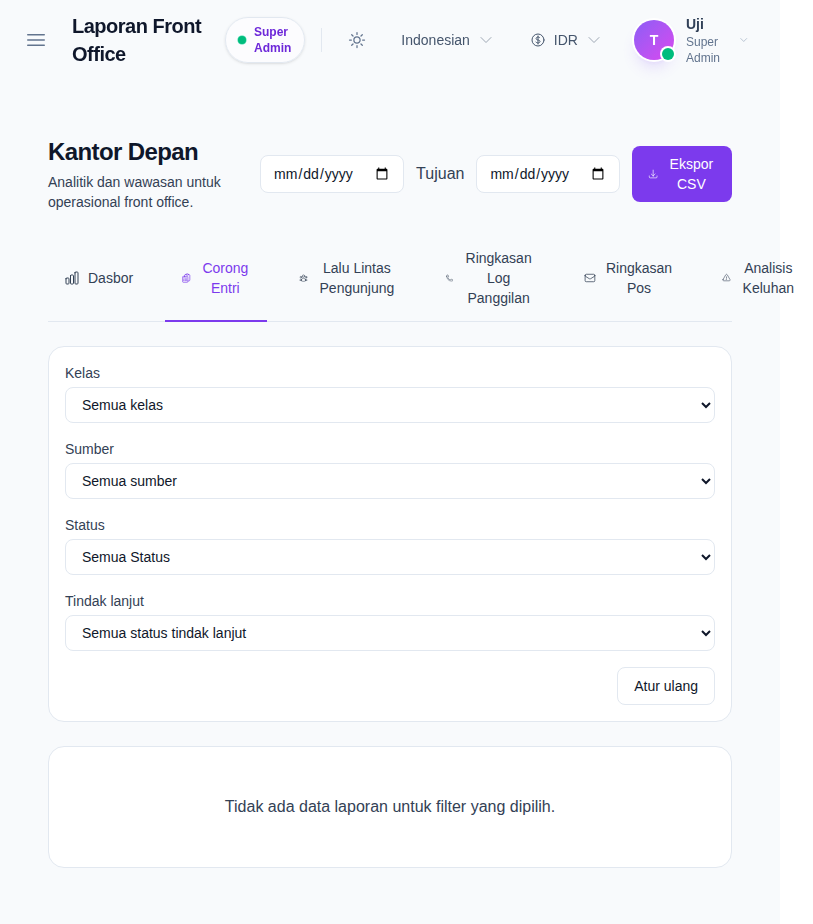 Front Office Reports workspace on the Enquiry Funnel tab with date filters, CSV export, and the tab-specific filter panel.