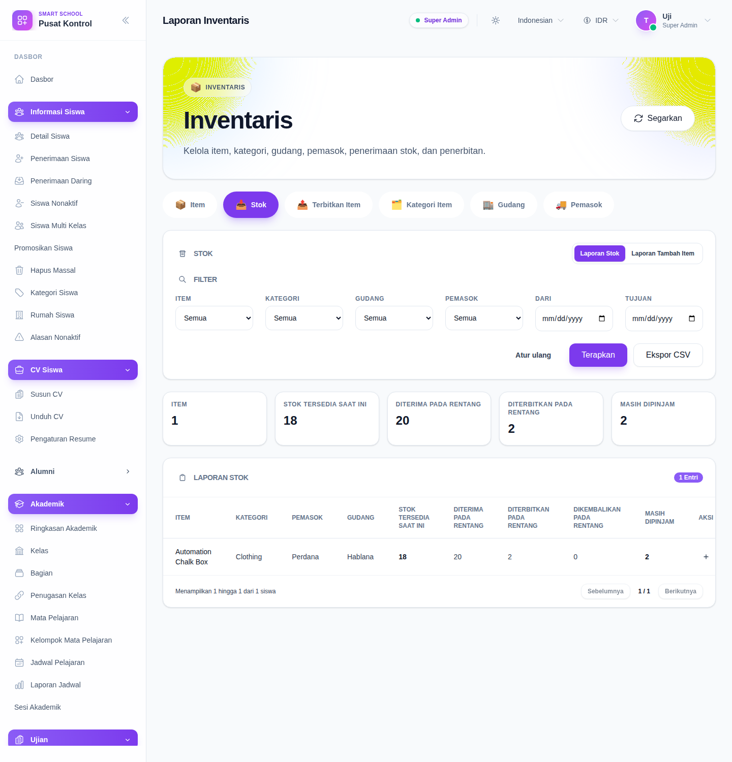 Inventory Stock Report showing the shared filters, summary cards, and the stock balance table.