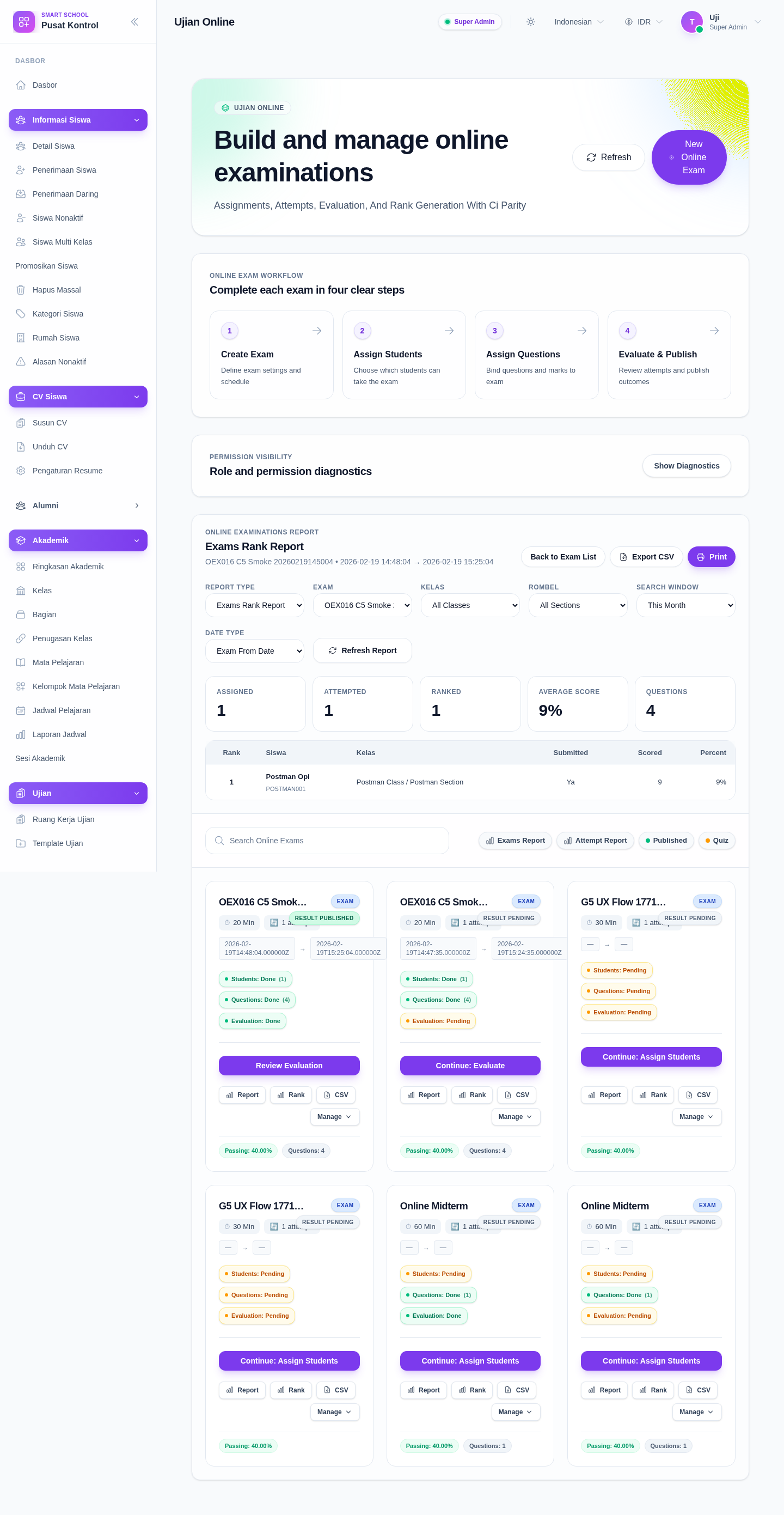 Online Examinations console switched to Exams Rank Report showing the report mode selector, time-window controls, summary cards, and the rank table.
