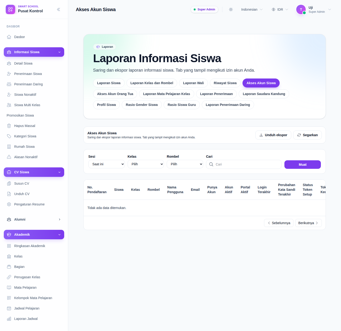 Student Account Access report showing the account-access table with username, email, account status, portal status, last login, and setup-token columns.