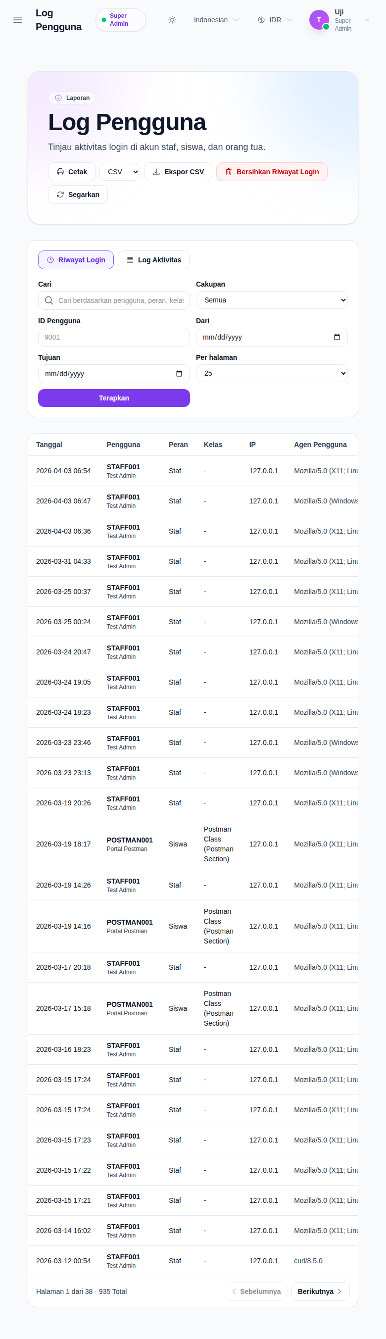 User Log workspace showing the Login History tab, filter controls, action buttons, and the results table.