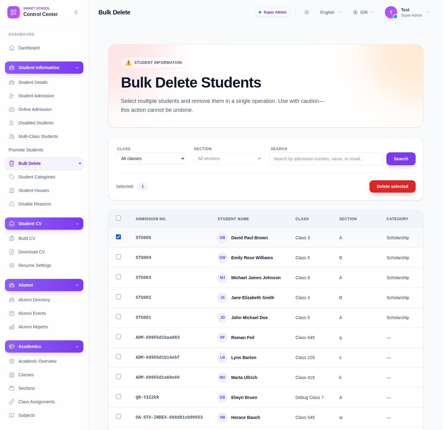 Bulk Delete page with a selected student row and the Delete selected action enabled.