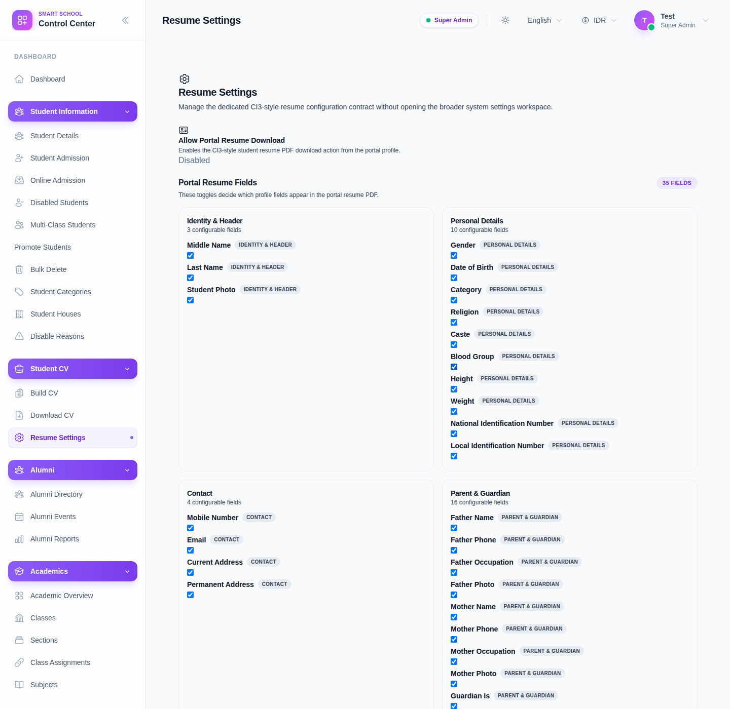 Resume Settings page showing portal download toggle, grouped resume fields, and extended resume section toggles.
