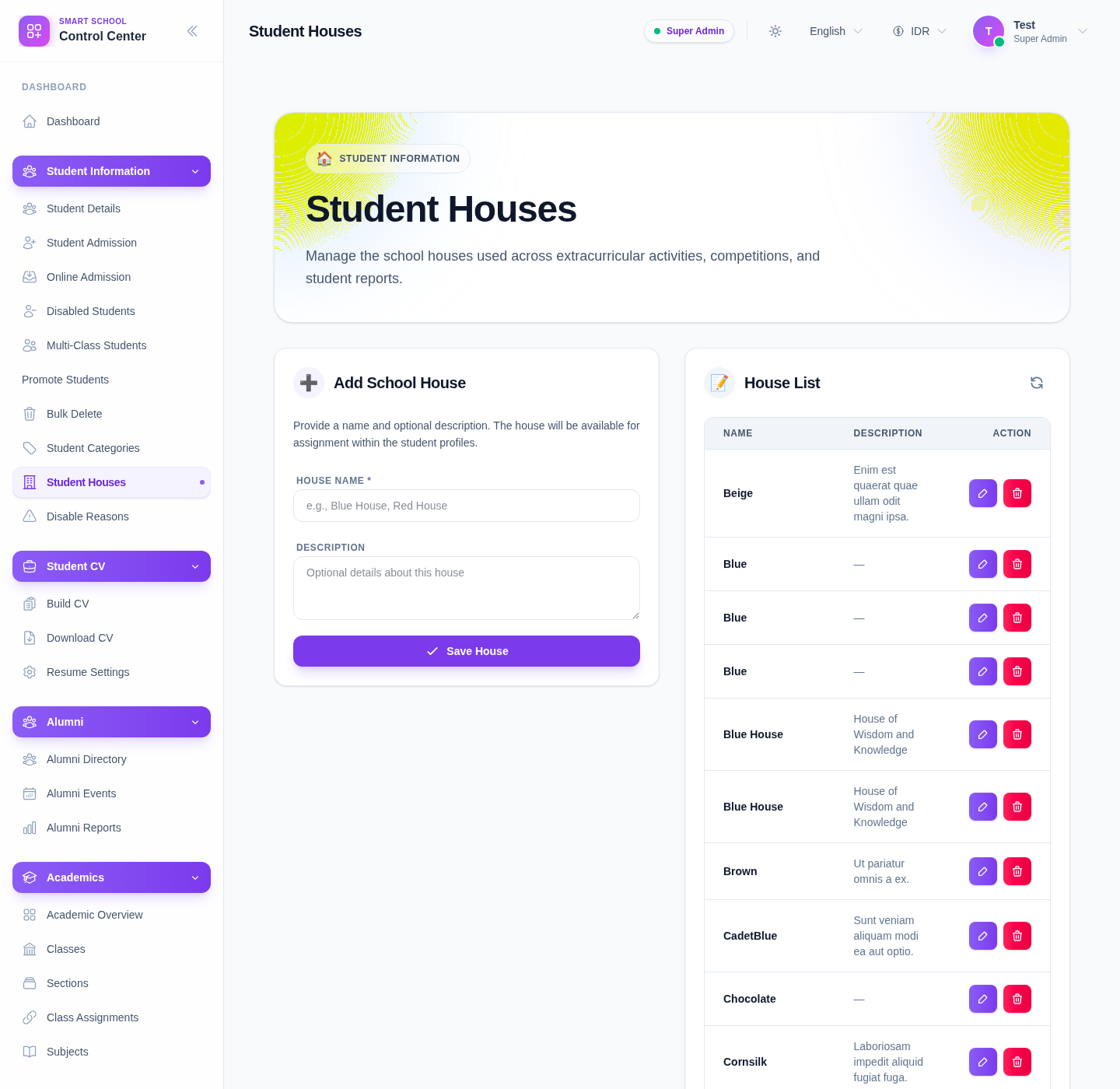 Student Houses page with the Add School House form and the House List table.