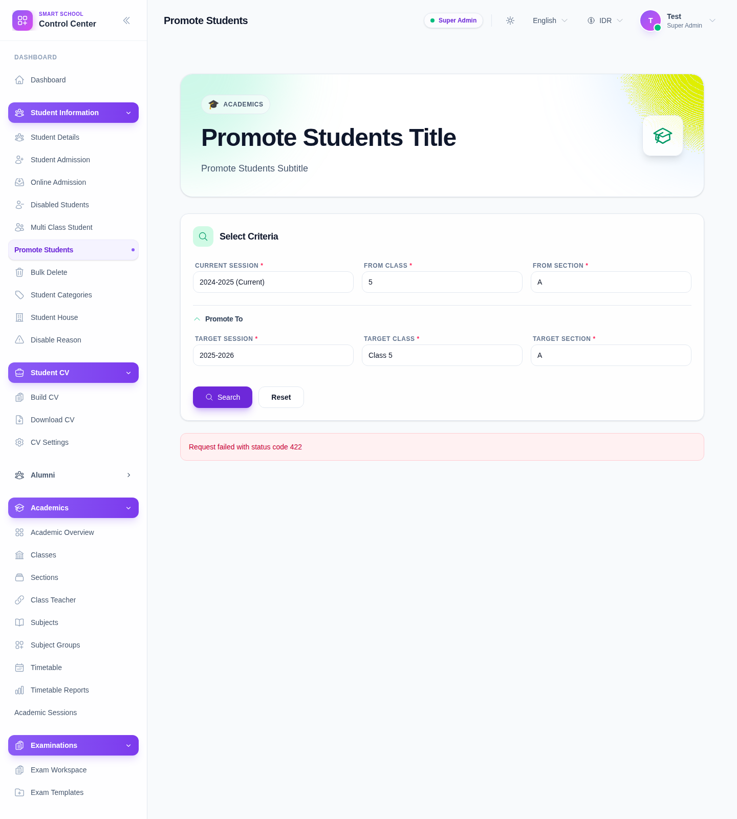 Promote Students page showing current session, class, section, target session, target class, and target section criteria.