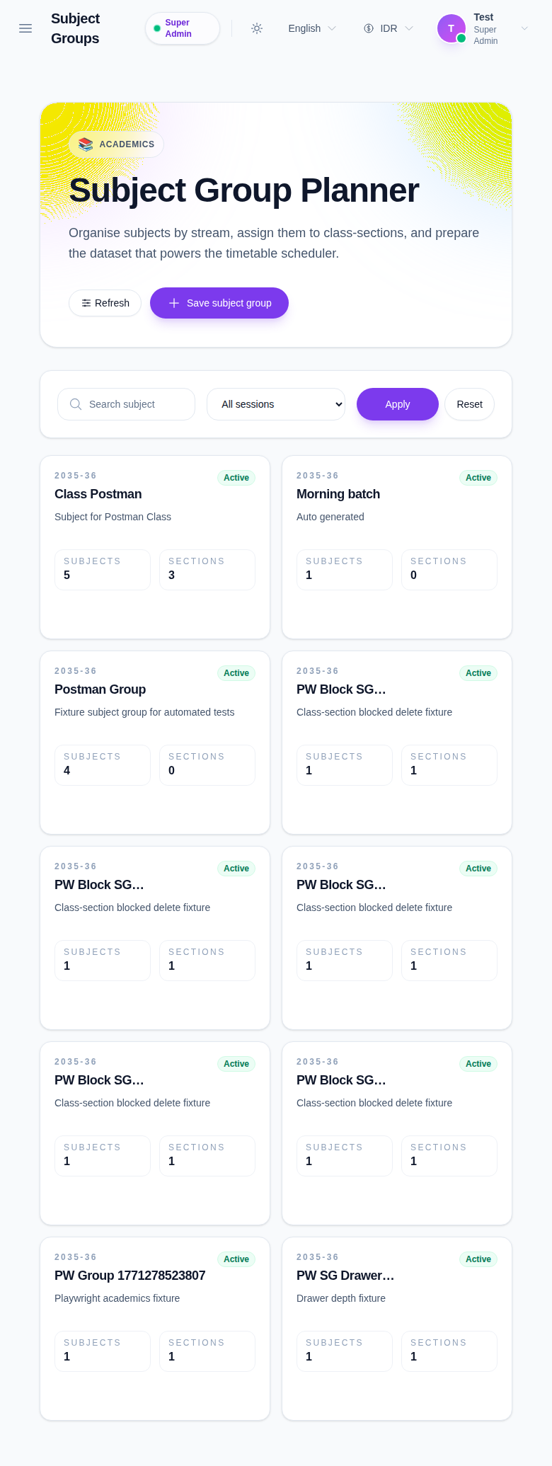 Subject Group Planner with search, session filter, and existing group cards.