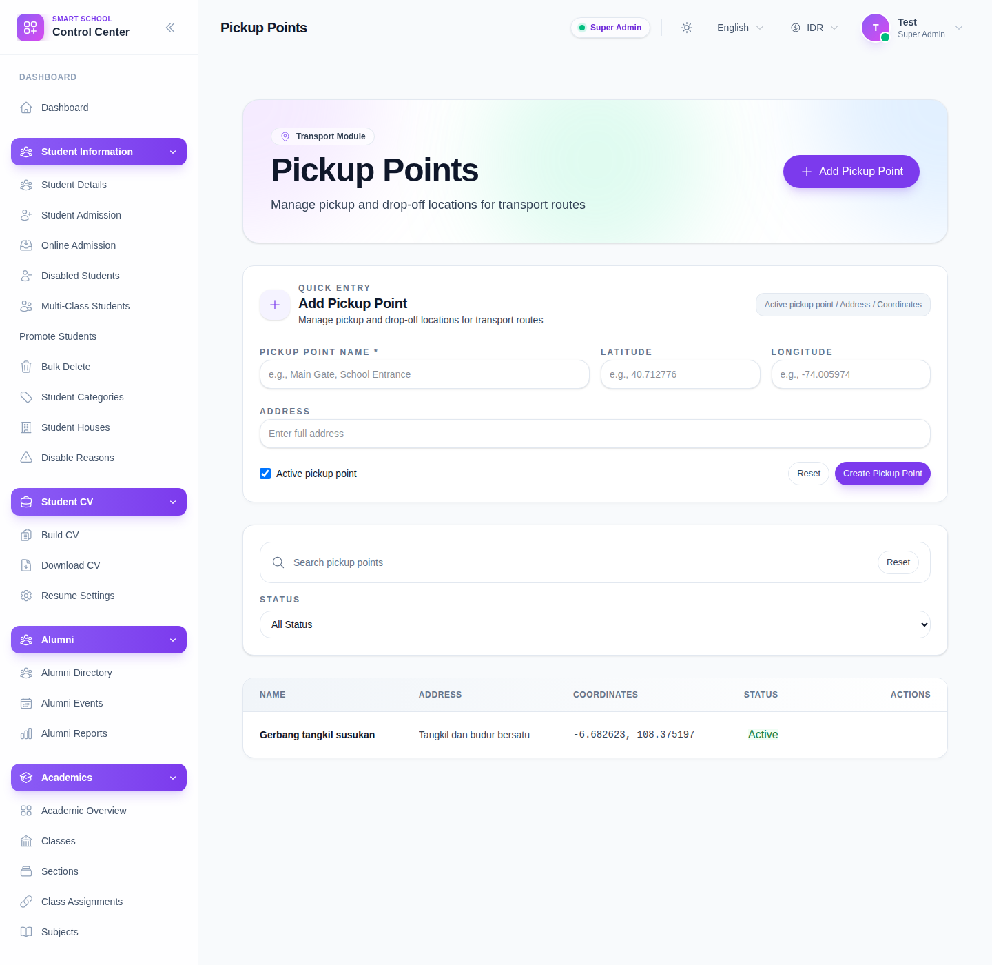 Pickup Points workspace showing quick entry fields, search controls, and the pickup-point table.