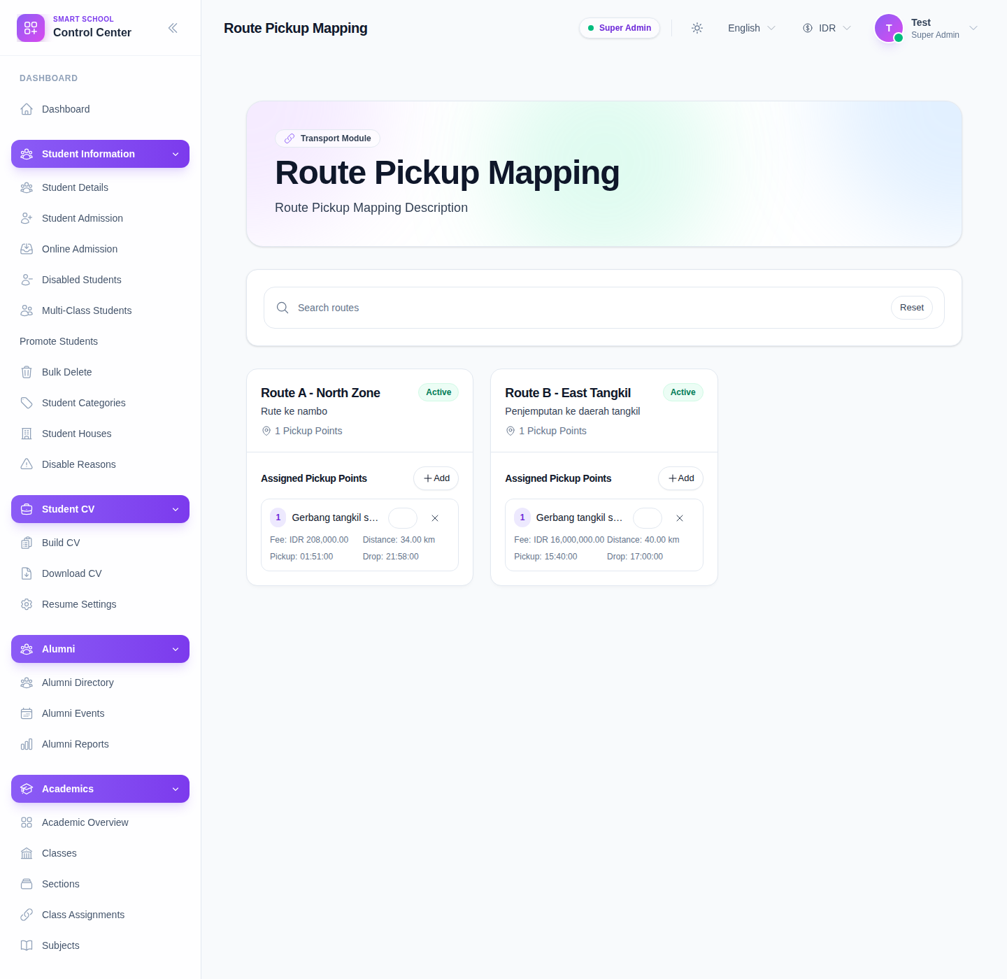 Route Pickup Mapping workspace showing route cards, assigned pickup points, fees, distance, and route search.